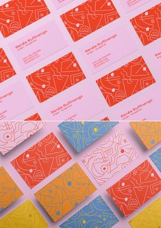 an assortment of business cards designed to look like abstract paintings and lines, with different colors