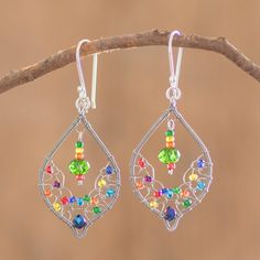 a pair of earrings with colorful beads hanging from it's earwires on a tree branch