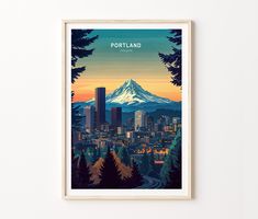 the portland skyline is shown in this framed poster, with trees and mountains surrounding it