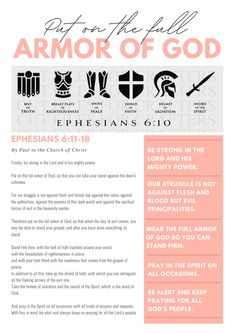 the armor of god flyer is shown with an image of different symbols and words on it