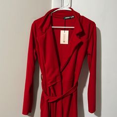 Fabric Is Stretchy Color Is A Deep Cherry Red Hits Above Knee Length Nwt Smoke Free Home Never Worn Red Belted Dress For Fall, Red Fitted Dress With Tie Waist, Fitted Red Dress With Tie Waist, Red Long Sleeve Dress With Tie Waist, Missguided Dress, Tie Front Dress, Red Blazer, Cherry Red, Above Knee