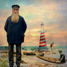 a painting of a man standing in front of a lighthouse and boat on the beach