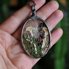 a hand holding a glass pendant with plants in it