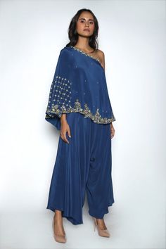 Embroidered Draped Sets For Evening, Draped Embroidered Evening Set, Draped Embroidered Party Set, Elegant Festive Off-shoulder Set, Elegant Off-shoulder Festive Sets, Festive One-shoulder Evening Sets, Eid Evening Draped Sets, Saree With Pants, Indian Jumpsuit