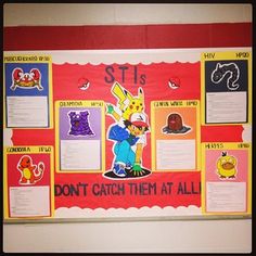 a bulletin board with pokemon pictures on it and information about the different types of characters