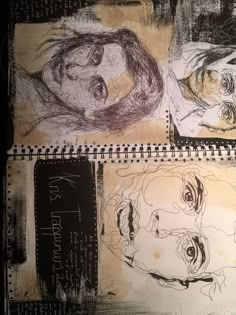 some drawings on a piece of paper with words written in black and white, along with pictures of people's faces