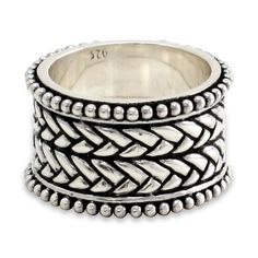 This admirable ring from Bali, features a medley of textures and patterns. Putu Gede Darmawan's design is inspired by his homeland's woven textiles. The piece is crafted with handmade processes. Sterling silver Handmade in & fairly traded from Indonesia Modern Silver Jewelry, Woven Textiles, Mens Ring Sizes, Sterling Silver Mens Rings, Sterling Silver Rings Bands, 925 Ring, Mens Silver Rings, Sterling Silver Mens, Silver Band Ring