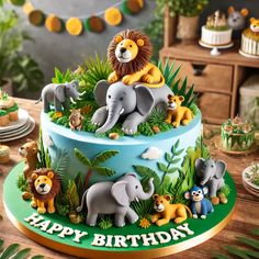 a birthday cake decorated with animals and plants