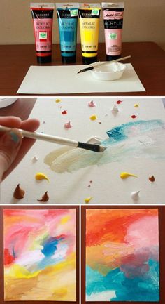 the process of painting with acrylic paint and watercolors is shown here