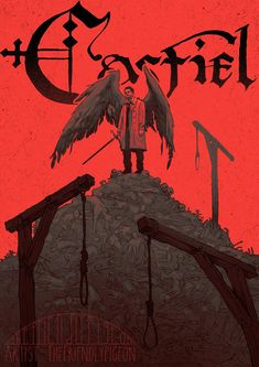 a poster with an angel standing on top of a hill