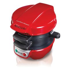 a red and black electric sandwich maker on a white background