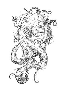 an octopus with tentacles and flowers on it's head is drawn in black ink