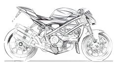 a drawing of a motorcycle is shown in black and white, as well as the front wheel