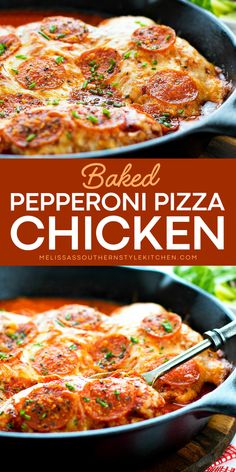 Turn dinner into a pizza party with this Baked Pepperoni Pizza Chicken! Juicy chicken breasts are coated with an Italian blend of seasonings and Parmesan cheese, topped with slices of pepperoni, drizzled with pizza sauce, and finished with melty mozzarella cheese. A flavorful dinner entrée that’s sure to please! Pepperoni Pizza Chicken, Baked Pepperoni, Pizza Chicken, Delicious Dinner Ideas, Flavorful Dinner, Simple Chicken, Dinner Entrees