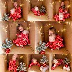 a collage of photos showing a baby and her mother in christmas pajamas with presents