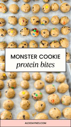 monster cookie protein bites on a baking sheet with the title text overlay reads monster cookie protein bites