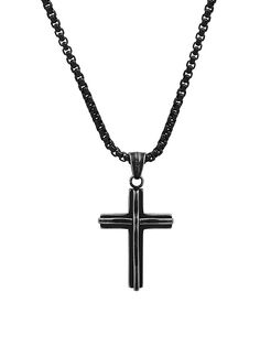 Black IP Stainless Steel Cross Pendant Necklace Black Metal Cross Chain Necklace, Black Cross Chain Necklace Gift, Black Cross Chain Necklace As Gift, Gift Black Cross Chain Necklace, Black Cross Pendant Chain Necklace, Black Engraved Pendant Cross Necklace, Black Cross Necklace With Chain As Gift, Gift Black Cross Necklace With Chain, Black Cross Necklace With Box Chain