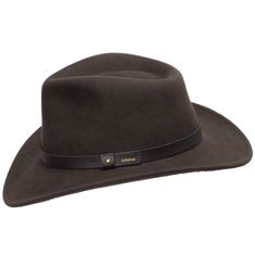 This genuine wool felt hat is trimmed with a genuine leather band. Packable, lightweight with water repellent. It's rugged enough to be folded, stuffed, and then shaken back into its original shape. (Happens to the best of us.) You can wear it with anything - shorts, jeans, formal or informal occasions, and even a business suit. Made in the USA. Material: 100% WoolBrim: 3"Crown: 4 3/8" teardropHatband: 3/4" leatherClimate: Cold Hand-finished in the US. Classic Brown Winter Hat Bands, Classic Brown Hat Bands For Winter, Classic Winter Hat Bands For Travel, Classic Winter Travel Felt Hat, Classic Leather Hat Band For Hunting, Winter Hunting Hat Band With Flat Brim, Winter Brown Fur Felt Hat Band, Curved Brim Hat Bands For Winter Hunting, Brown Fur Felt Hat Bands For Winter