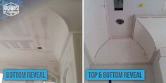 before and after photos of a bathroom remodel with the top & bottom reveal removed