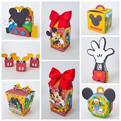 various images of mickey mouse boxes with bows and magnets on the front, side, and back