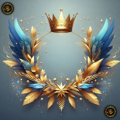 a golden crown surrounded by blue feathers and gold stars