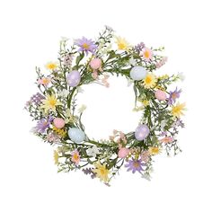 a wreath with flowers and eggs on it