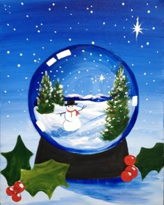 a painting of a snow globe with holly berries and a snowman in the background