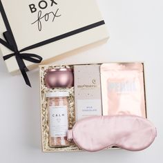 BOXFOX Pink Pamper Gift Box with mini tin candle, bath salts, milk chocolate bar, sheet mask, and silk sleep mask Canceled Plans, Silk Sleep Mask, Artisan Chocolate, Do Not Disturb, Sheet Mask, Delicious Chocolate, Sleep Mask, Milk Chocolate, Pink Silk