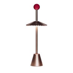 a metal object with a red ball on it's top and an umbrella shaped base