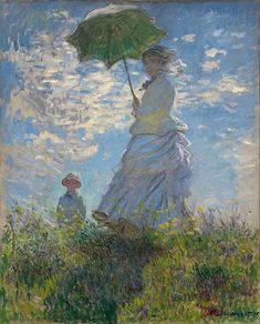 a painting of a woman holding an umbrella on top of a grass covered hill next to a man