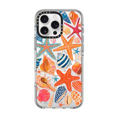 an iphone case with colorful shells and starfishs on it, all in clear