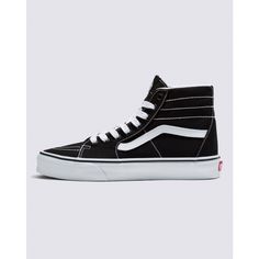 A Slender Take on Our Iconic High-Top ShoeOur legendary high-top shoe gets slimmed down with a deconstructed upper in the Sk8-Hi Tapered. With a more slender fit than the original Sk8-Hi, this laid-back take on an icon offers a streamlined look with plenty of style. Legendary high-top, Sidestripe™ shoe Slender silhouette Deconstructed canvas uppers Lace-up closure Metal eyelets Signature rubber waffle outsoles Black High Top Vans, Black Sneakers Women, High Top Shoe, White Shoe, Black Vans, Vans Sk8 Hi, High Top Vans, Sk8 Hi, Vans Sk8