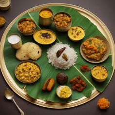 a plate filled with different types of food on top of a green leaf covered table