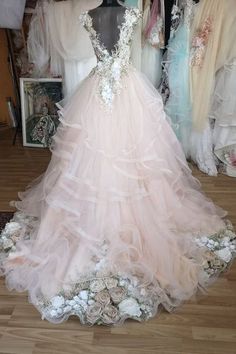 a wedding dress on display in a store