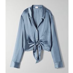 This Is A Button-Up Blouse With A Notched Collar And A Tie At The Hem. It’s Made From Effortless Satin Drapey, Lightweight Japanese Satin With A Glossy Look And Feel. Blue Silk Shirt With Button Closure, Blue Silk Blouse With Button Closure, Blue Silk Blouse For Daywear, Blue Silk Button-up Top, Movie Outfit, Sheer Embroidered Top, Blouse Collar, Mock Neck Blouse, Fashion Tops Blouse