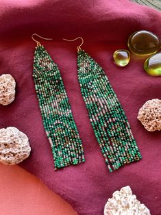 Green Seed Bead Earrings Fringe Beaded Earrings Green Earrings - Etsy Ukraine Green Beaded Fringe Earrings For Party, Green Beaded Fringe Earrings For Gift, Unique Green Beaded Earrings, Green Fringe Beaded Drop Earrings, Green Fringed Beaded Earrings, Tropical Earrings, Handmade Earrings Beaded, Brick Stitch Earrings, Green Earrings