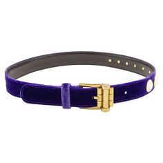 Gianni Versace belt from the early 1990s. Purple cut velvet with heavy gold tone hardware and large faux pearls. Interesting details on buckle. Tonal purple top stitching. Black leather interior with gold brand stamp. Excellent vintage condition. Marked 30"/75cm, 1.25" wide. Made in Italy. Cool Belt Buckles, Versace Necklace, Versace Chain, Pearl Belt, Velvet Belt, Purple Belt, Versace Gold, Versace Brand, Suede Belt