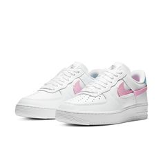 Believe in Unicorn! Womens Nike Air Force 1 LXX Sneaker "White Pink Aqua" As a new member of girl favorite AF1 LXX lineup, "White Pink Aqua" did not disappoint any fan. This pair makes use of unicorn pastel colors to create a soft aesthetics. Special details include pink divided Swoosh on the left side and aqua divided Swoosh on the right side, aqua heel pad on the left shoe and pink heel pad on the right shoe. Nike Air Force 1 White With Branded Insole, Sporty Nike Air Force 1 Synthetic, Nike Air Force 1 White Synthetic Shoes, Nike Air Force 1 Lxx, Aqua Heels, Womens Nike Air Force 1, Trendy Shoes Sneakers, Womens Nike, Pink Heels