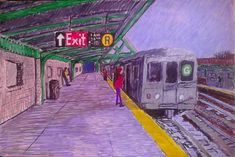 a drawing of a subway station with people waiting for the train to arrive and exit