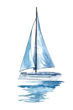 a watercolor painting of a sailboat floating on the ocean with blue hues