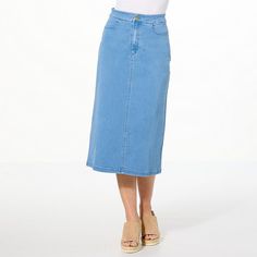 IMAN Global Chic Denim Midi Skirt   We took everything you love about your favorite pair of jeans and put them into this easy-to-style denim twill midi skirt. A timeless classic, this A-line designed garment provides a flattering fit while boosting your confidence. Spring Denim Blue Pencil Skirt, Classic Denim Skirt In Denim Blue, Classic Mid-rise Denim Skirt For Spring, Classic Straight Leg Denim Skirt For Spring, Classic Denim Blue Skirt, Classic High-waist Denim Skirt For Spring, Classic High Waist Denim Skirt For Spring, Classic Mid-rise Denim Skirt For Summer, Classic Dark Wash Denim Skirt For Spring