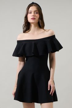 Get that cute feeling every time you wear the Dennet Off the Shoulder Flare Mini Dress. Thick stretchy fabric shapes this mini dress with a flare. An off the shoulder look and mini length are perfect to pair with heels for a night out. - Off the shoulder- Ruffle- Flare- Mini- Comes in 2 colorsSize + Fit - Model is 5'10" and wearing size XS- Measurements taken from size S - Chest: 14 1/4"- Length: 26 1/4" Fabric Self: 70% Viscose 30% Polyester Style Number STD14441 Chic Fitted A-line Off Shoulder Dress, Chic A-line Cocktail Off Shoulder Dress, Stretch Off-shoulder Evening Mini Dress, Cocktail Mini Stretch Off Shoulder Dress, Chic A-line Off Shoulder Party Dress, Flirty Off Shoulder Dress For Night Out, Chic Cold Shoulder Mini Dress For Evening, Black Stretch Off Shoulder Mini Dress, Summer Cocktail Off Shoulder Stretch Dress