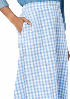 Isaac Mizrahi Blue & White Gingham "Cornflower" Seersucker Midi Skirt Size 6P Gingham Skirt For Summer Picnic, Summer Gingham Skirt For Picnic, Casual Gingham Cotton Skirt, Spring Gingham Cotton Skirt, Gingham Cotton Skirt For Picnic, Cotton Gingham Skirt For Picnic, Plaid Cotton Skirt For Picnic, Ball Skirt, White Flares