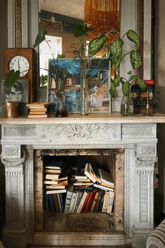 a fire place with books and plants on it