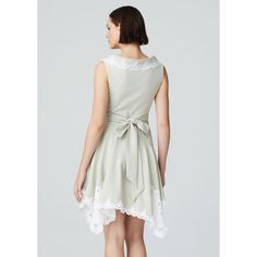 Freya dress features a soft pastel green hue with delicate white pinstripes, creating a refined and timeless look. The bodice is adorned with a charming scalloped lace trim around the neckline, adding a touch of femininity. The dress has an asymmetrical hemline, embellished with intricate white lace cutouts that offer a playful yet elegant flair.  74% polyester; 23% viscose; 3% elastane  30°C Machine Wash Dry Clean Do not Tumble Dry Feminine Green Dresses With Lace Trim, Feminine Green Dress With Lace Trim, Elegant Sleeveless Light Green Dress, Elegant Fitted Light Green Dress, Elegant Light Green Dress For Garden Party, Green Knee Length Dress, Lace Cutout, August Birthstone Jewelry, July Birthstone Jewelry