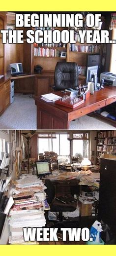 two pictures of an office with desks and bookshelves in the middle one is full of papers