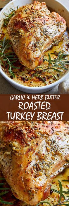 roasted turkey breast in a pan with rosemary garnish on the side and text overlay