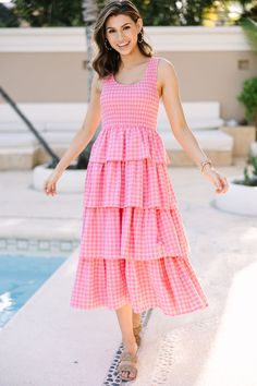 Look Your Way Pink Gingham Midi Dress Gingham Midi Dress, Sunday Church, Crop Cardigan, Mint Julep Boutique, Ruffled Skirt, Pink Gingham, Pink Midi Dress, Gingham Print, Model Fits