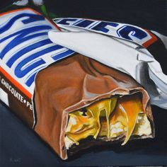 an oil painting of a wrapper with chocolate and marshmallows on it