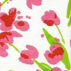 a pink and green floral print on white fabric